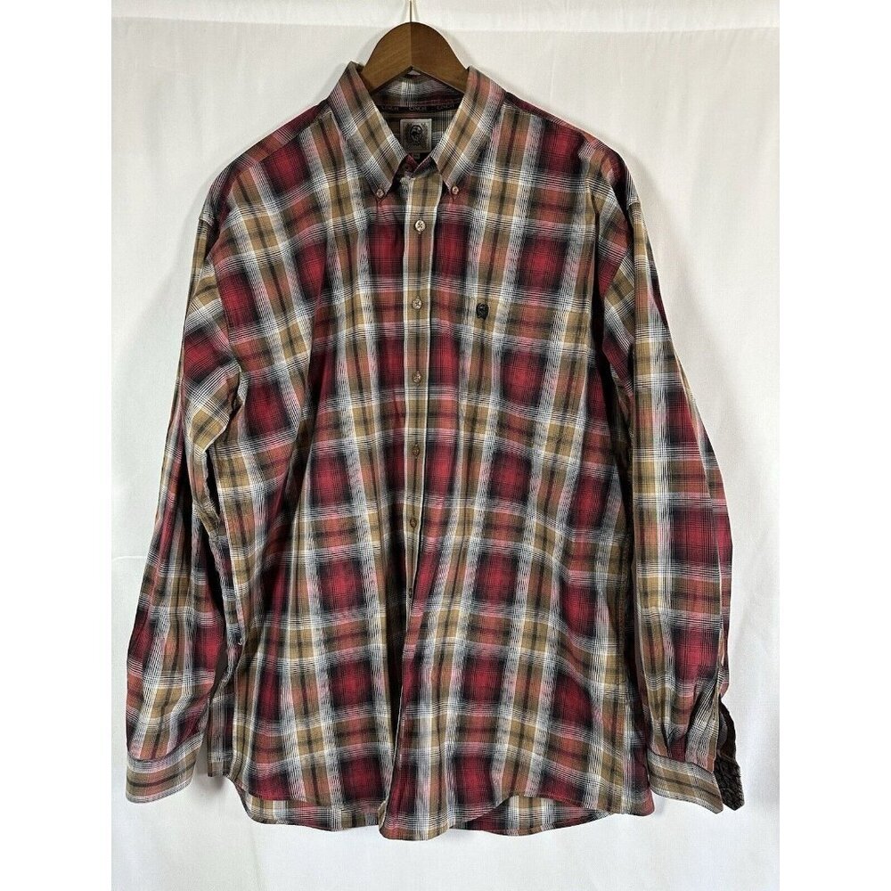 CINCH MEN'S XL 100 % COTTON PLAID RED/BROWN LONG SLEEVE COLLAR WESTERN SHIRT